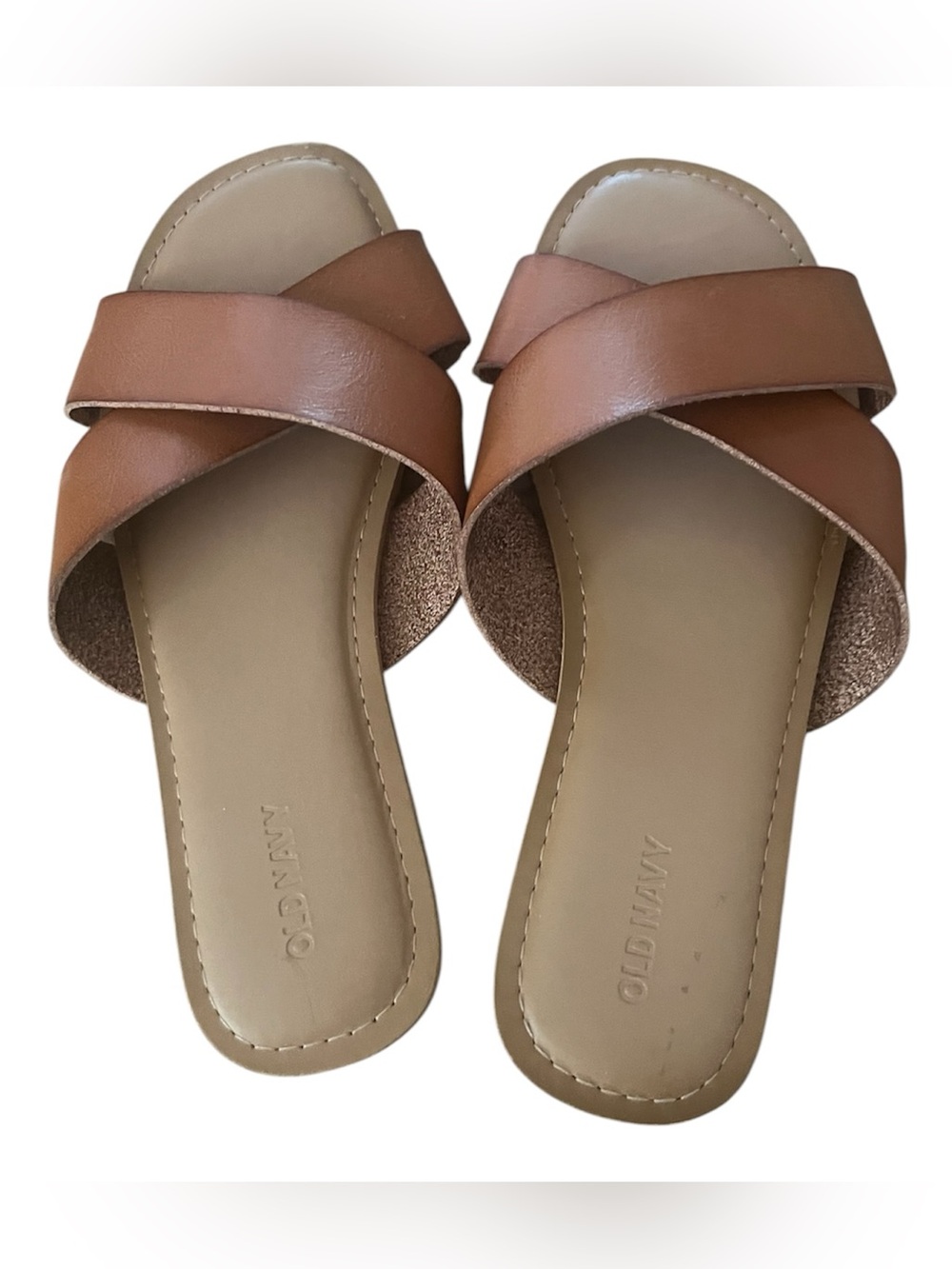 Old Navy Tan Camel Cross Strap Slide Sandals Size 10